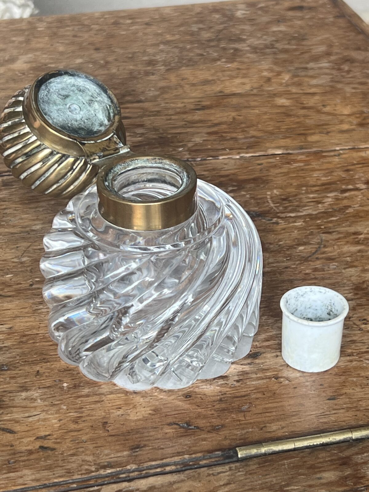 Antique French Baccarat Crystal and brass inkwell - Image 4