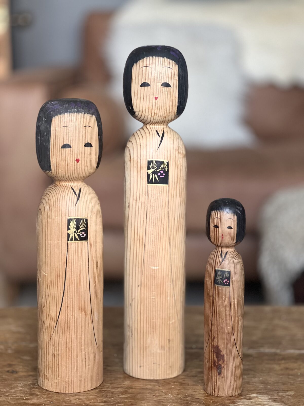 Vintage set of 3 1970’s traditional Japanese Kokeshi dolls