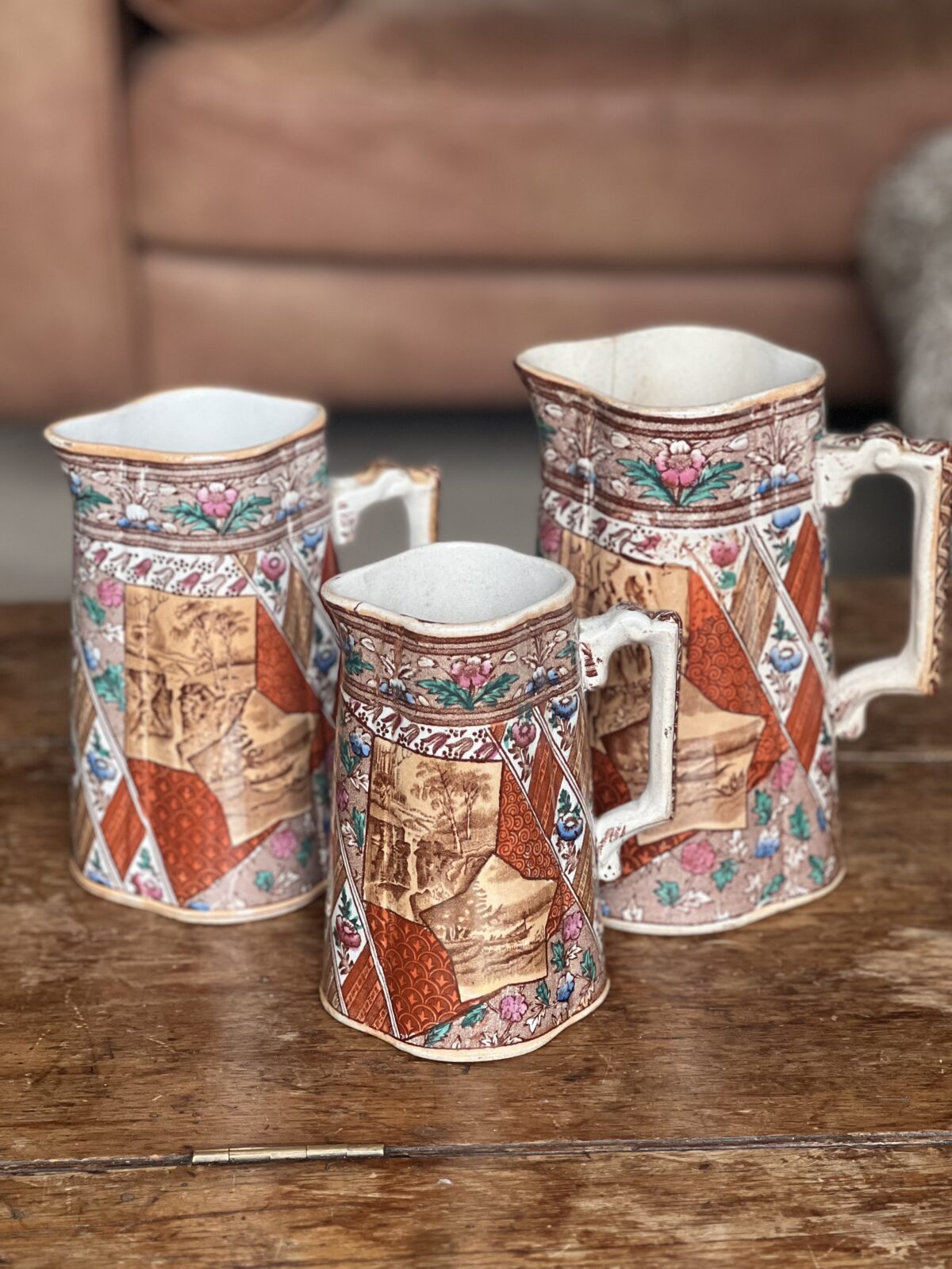 Antique set of 3 Victorian David Methven and Sons ceramic pitchers